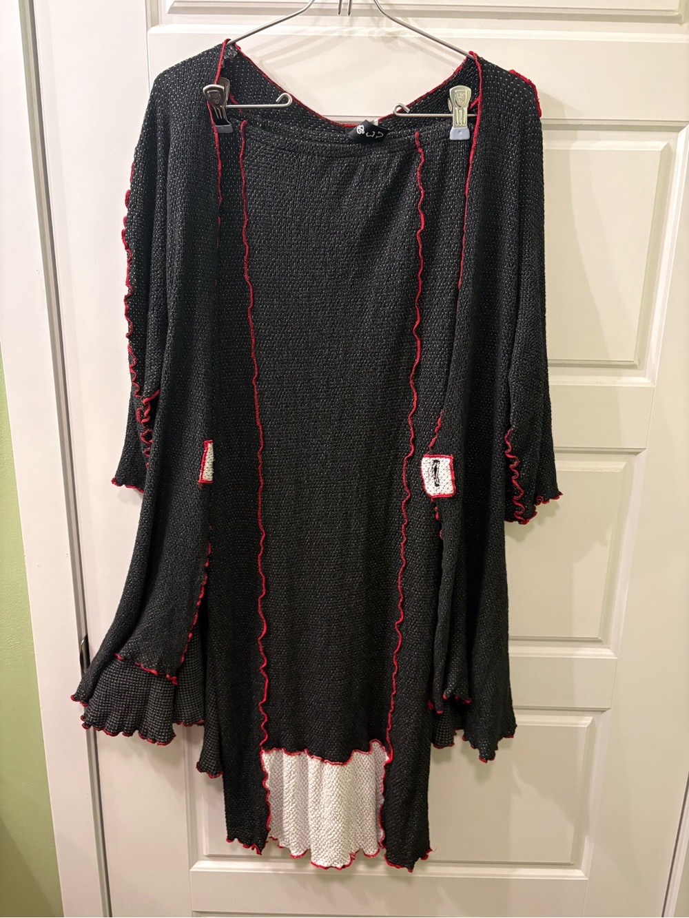 NWT NOBLU Natural Fibers Black Knit Open Cardigan with Red Trim & matching Skirt
